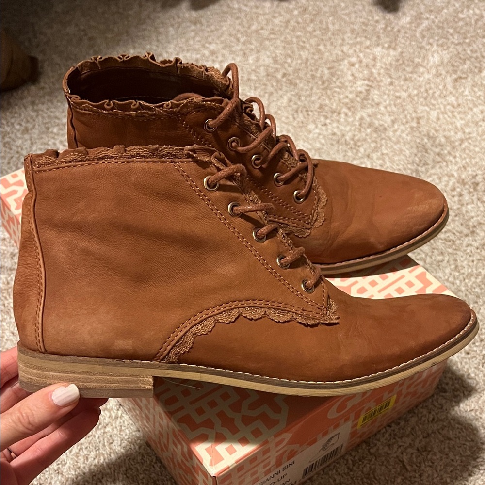 Gianni Bini Hampton Tan Ruffled-Up Boots shoes